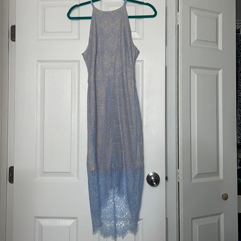 Beautiful Gianni Bini baby blue lace overlay high low dress. Size small